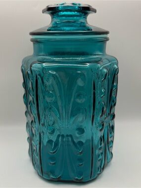 VINTAGE L.E. SMITH AQUA TEAL BLUE GLASS ATTERBURY SCROLL CANISTER APOTHECARY JAR